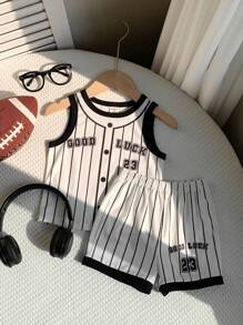 SHEIN 2pcs/Set Toddler/Infant Unisex Black & White Baseball Jersey Letter & Striped Pattern Round Neck Short Sleeve Top And Elastic Waist Shorts, Suitable For Sports - Black and White - View 5