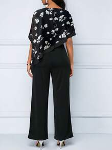 SHEIN Unity 花卉印花雪纺拼接收腰斗篷设计女式连体裤 - 黑色 - 查看 2