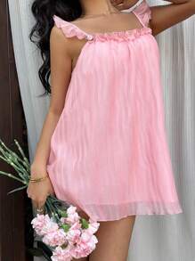 Sunnyshic Valentine's Day Rose Frill Trim Smocked Cap Sleeve Dress - Pink - View 3