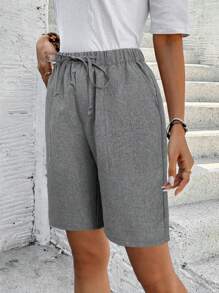 EMERY ROSE Bermuda Shorts, Solid Color, Side Pockets, Loose, Knee-Length, Mid-Waist, Basic Style - Grey - View 5