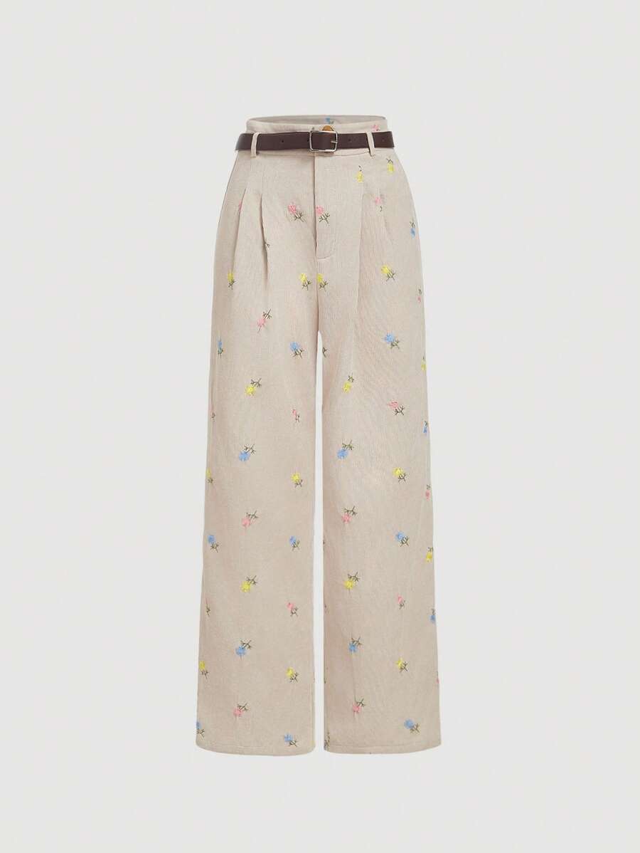 SHEIN MOD 女士米色刺绣直筒裤（配腰带） - 杏色 - 查看 1