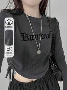 DAZY 女式字母印花街头风格抽绳 T 恤，春夏秋季服装长袖女式上衣短款女式上衣 - 灰色 - 查看 1