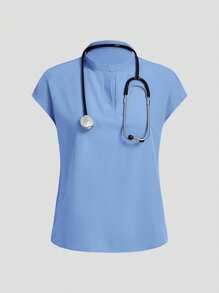 TaskEZ 2pcs Solid Color Bat Wing Slim Fit Top And Drawstring Pocket Hem Pants Nurse Scrub Uniform Set - Mint Blue - View 9