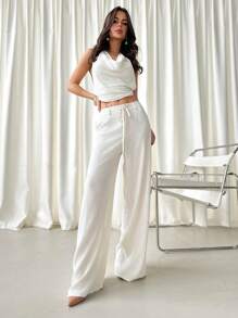 Firerie 2 件春夏新款休闲优雅性感吊带露背吊带背心和低腰抽绳宽松阔腿亚麻裤套装 - 杏色 - 查看 2