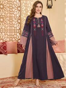 Al Najma Plus Size Women Embroidered Color Block Patchwork Round Neck Tasseled Decor Loose Fit Dress - Purple - View 5