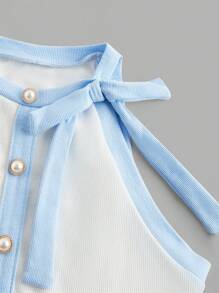 SHEIN MOD Áo ba lỗ không tay cổ tròn có nút trang trí màu xanh và trắng dành cho nữ đi chơi đêm - Xanh và trắng - Xem 4