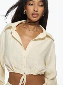 MISSGUIDED Lightweight Linen Button-Up Crop Blouse Long Sleeve Collared Summer Beach Resort Wear Breezy Casual Office Versatile Classic - Apricot - View 5