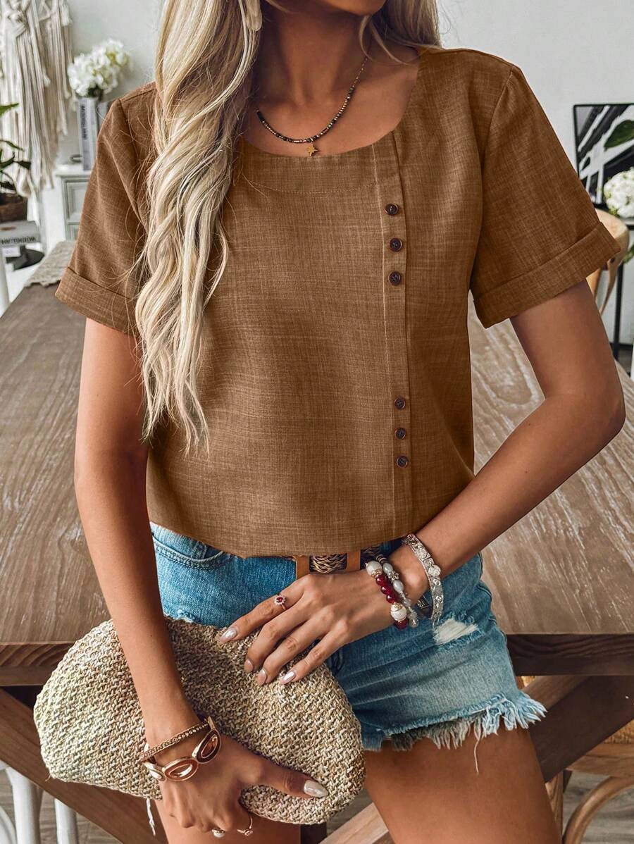 EMERY ROSE Spring & Summer Casual Button Decor Bamboo Fiber Blouse - Brown - View 1