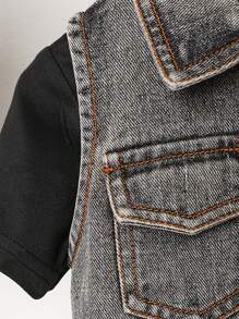 SHEIN Baby Boy Sleeveless Denim Pocket Vest & Adjustable Waist Denim Shorts 2pcs Set, Casual Streetwear Summer Outfit For Infant/Newborn Boys - Black - View 7