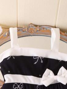 女婴 2024 夏季新款时尚别致幼儿黑色拼布白色蝴蝶结细节和小蝴蝶结点缀神秘喇叭裤 - 黑色 - 查看 5