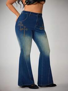SHEIN ICON Jeans acampanados Y2K de talle alto con estampado de cruz, efecto desgastado y elásticos, tallas grandes - Azul lavado oscuro - Ver 6