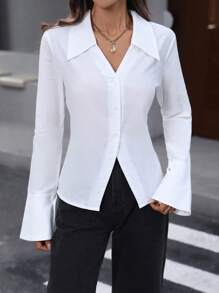 SHEIN LUNE 冬季白衬衫办公室工作服衬衫 100% 纯棉 - 白色 - 查看 5