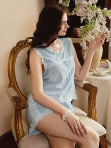 Côtesoire Conjunto de ropa de dormir elegante francés con parches de encaje para mujeres - Blanco - Ver 7