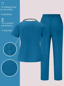 TaskEZ Plus Size Women V-Neck Short Sleeve Pocket Top And Pants Uniform Sets Scrub Set