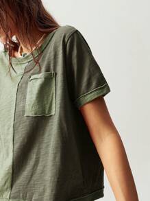 Bohemela Boho Vacation Casual Knit Color Block Round Neck Short Sleeve Loose T-Shirt For Women - Army Green - View 7