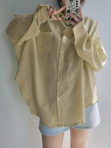 DAZY Women's Solid Color Regular Collar Oversized Shirt Long Sleeve Top - Khaki - View 5