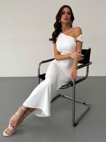 Firerie New Elegant Asymmetric Shoulder Ruffle Metal Decor Waist Pleated Slim Fit White Maxi Dress, Romantic Date For Valentine's Day,Graduation,Teacher Outfits For Women,Teacher Dress - White - View 7