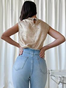 Firerie Spring/Summer New Valentine's Day Stand Collar Sleeveless Pleated Shoulder Short Gold Velvet Fitted Elegant Office Shirt,Graduation,Teacher Outfits For Women,Back To School
