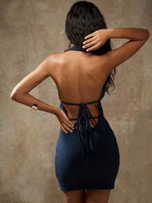 MISSGUIDED Halter Tie Back Plunge Neck Bodycon Mini Dress - Navy Blue - View 2