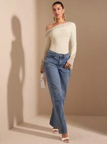 SHEIN BAE Bộ đồ liền thân tay loe cổ bẻ gợi cảm thanh lịch màu trơn mùa xuân và mùa hè dành cho nữ, thích hợp để mặc nhiều lớp vào mùa thu/đông, bộ đồ liền thân dệt kim gợi cảm, thích hợp để đi chơi, hẹn hò lãng mạn, tiệc tùng - Màu be - Xem 5