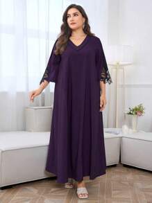 Al Najma 加大撞色蕾丝蝙蝠袖连衣裙，全长宽松长款卡夫坦连衣裙，适合春夏季，端庄 - 紫色 - 查看 6