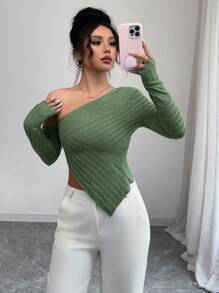 Elenzga Women Solid Color Off Shoulder Fitted Asymmetric Hem Long Sleeve Fuzzy Soft T-Shirt