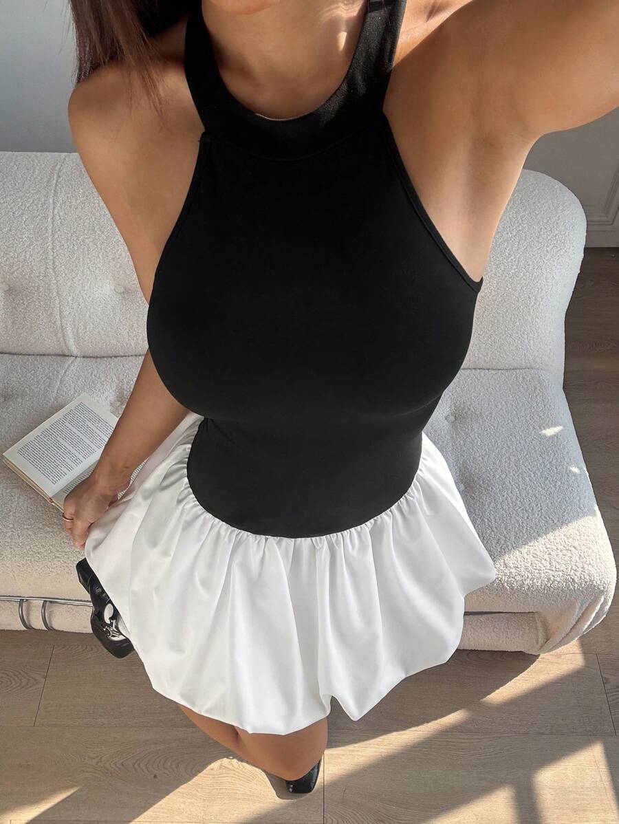 Lunelith SHEIN Lunessa Abito mini a portafoglio con colletto alto e orlo a balze, casual e adatto per vacanze, in bianco e nero, per primavera/estate