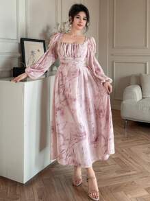 DAZY 女士春秋情人节方领扎染长袖中长连衣裙 - 粉色 - 查看 4