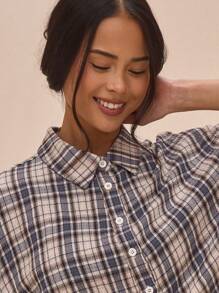 MUSERA Boxy Fit Collared Button Up Plaid Flannel Cropped Mid Sleeve Shirt Spring Summer Cute Street Style