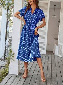 Breezaya Polka Dot Drawstring Button Front Dress Maxi Vacation Beach Outfits Women - Blue - View 4