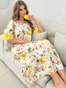 Contrast Color Splice Ruffle Hem Short Sleeve Floral Print Long Nightgown - Multicolor - View 4