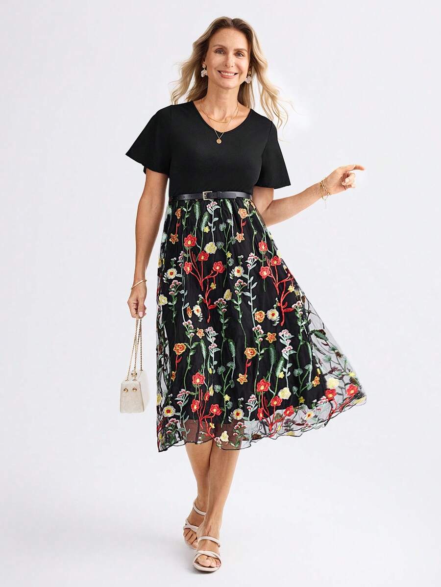 Miaspire Vestido Midi Elegante com Babados na Manga, Decote em V, Tule Contrastante e Bordado, Adequado para Ocasião de Casamento, Primavera/Verão