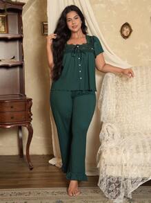 大码蕾丝拼布罗纹短袖上衣和裤子睡衣套装