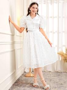 SHEIN 少女优雅翻领泡泡袖衬衫和裙子两件套 - 白色 - 查看 3