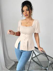 Elenzga 优雅女士泡泡袖衬衫、休闲度假装 - 杏色 - 查看 5