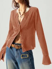 Bohemela 度假休闲纯色 V 领长袖修身常规女式 T 恤