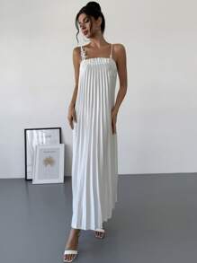 Firerie Women Elegant White Sleeveless Floral Embroidered Pleated Dress, Suitable For Parties And Weddings