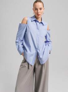 Ontre 2025 Women Off Shoulder Long Sleeve Single Button Casual Pocket Shirt - Blue - View 6