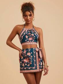 Travachic 女式花卉和波尔卡圆点印花短款露背上衣和短裤两件套，时尚度假装 - 黑色 - 查看 4