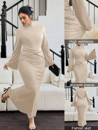 Elenzga Plus Size Dam Elegant Svart Höghalsad Texturerad Twist Midja Monterad Bell Sleeve Klänning, Höst/Vinter Maxi Dam Outfit