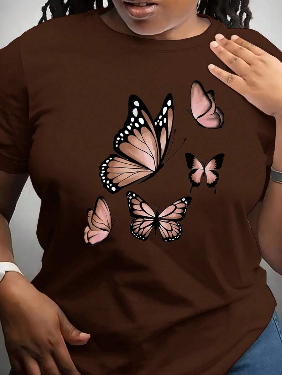 INAWLY 女士蝴蝶印花短袖 T 恤，卡其色，简约时尚，适合夏季 - 咖啡棕 - 查看 1