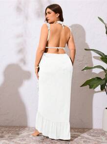 SHEIN Swim Curve Plus Size Women Ruffle Trim Mixed Long Dress/Kaftan, Vacation Style For Summer - White - View 2