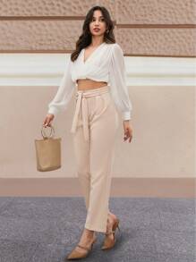 SHEIN Cottnline Women's Solid Color Minimalist Style Trousers, Suitable For Summer - Beige - View 3