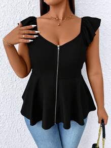 EMERY ROSE 大码女式荷叶边袖拉链休闲衬衫 - 黑色 - 查看 2