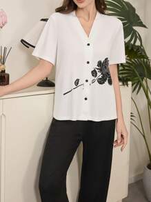 玫瑰花印花休闲短袖上衣和裤子女士睡衣套装 - 彩色 - 查看 4