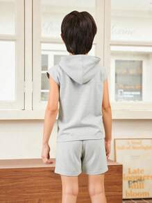 SHEIN Tween Boy Sleeveless Hooded Letter Print Tank Top And Sports Shorts Set - Grey - View 2