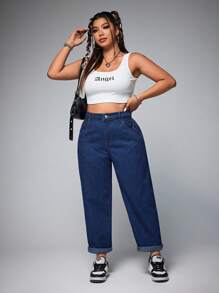 SHEIN ICON 女士加肥錐形休閒牛仔褲，帶口袋，萬能款式 - 深色水洗藍 - 查看 4