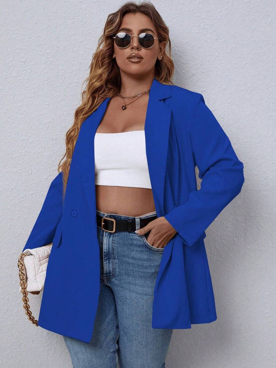 EMERY ROSE 大码休闲办公纯色西装外套 - 寶藍色 - 查看 1