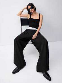 LYSMO Fashion Commuter Double Waistline Color Block Wide Leg Dress Pants - Black - View 6