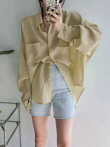 DAZY Women's Solid Color Regular Collar Oversized Shirt Long Sleeve Top - Khaki - View 3